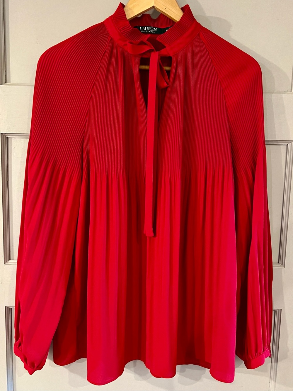 Lauren Ralph Lauren Vibrant Red Pleated Tie-Neck Women’s Blouse Size M